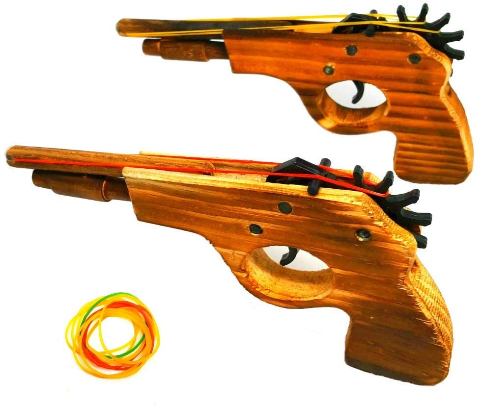 2-Pack Rubber Band Gun - Quality Wood & Handmade - Easy Load - 8 Rubber Bands per Set