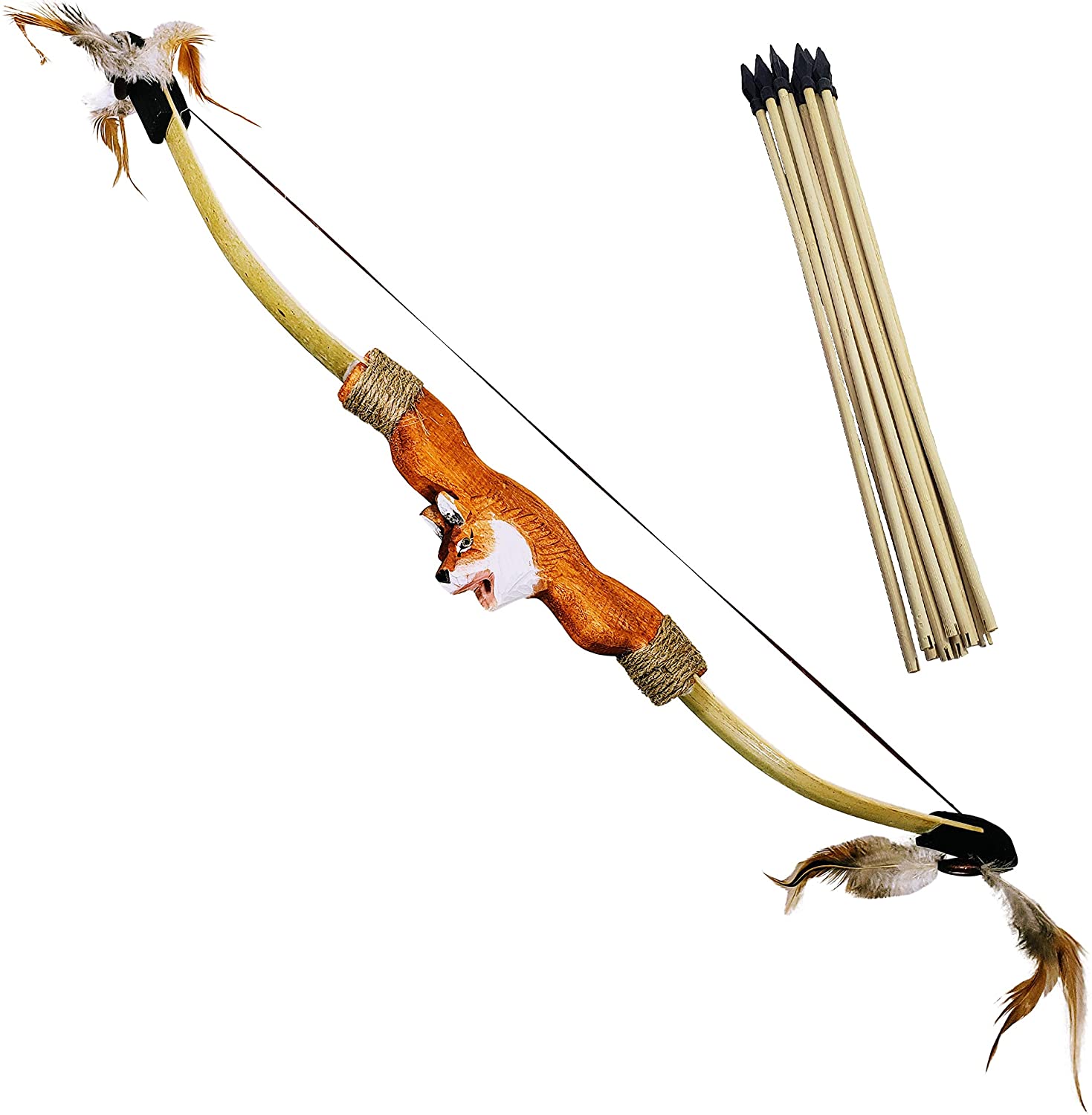 Handcarved Animal Wooden Bow and Arrow Set - 10 Wood Arrows