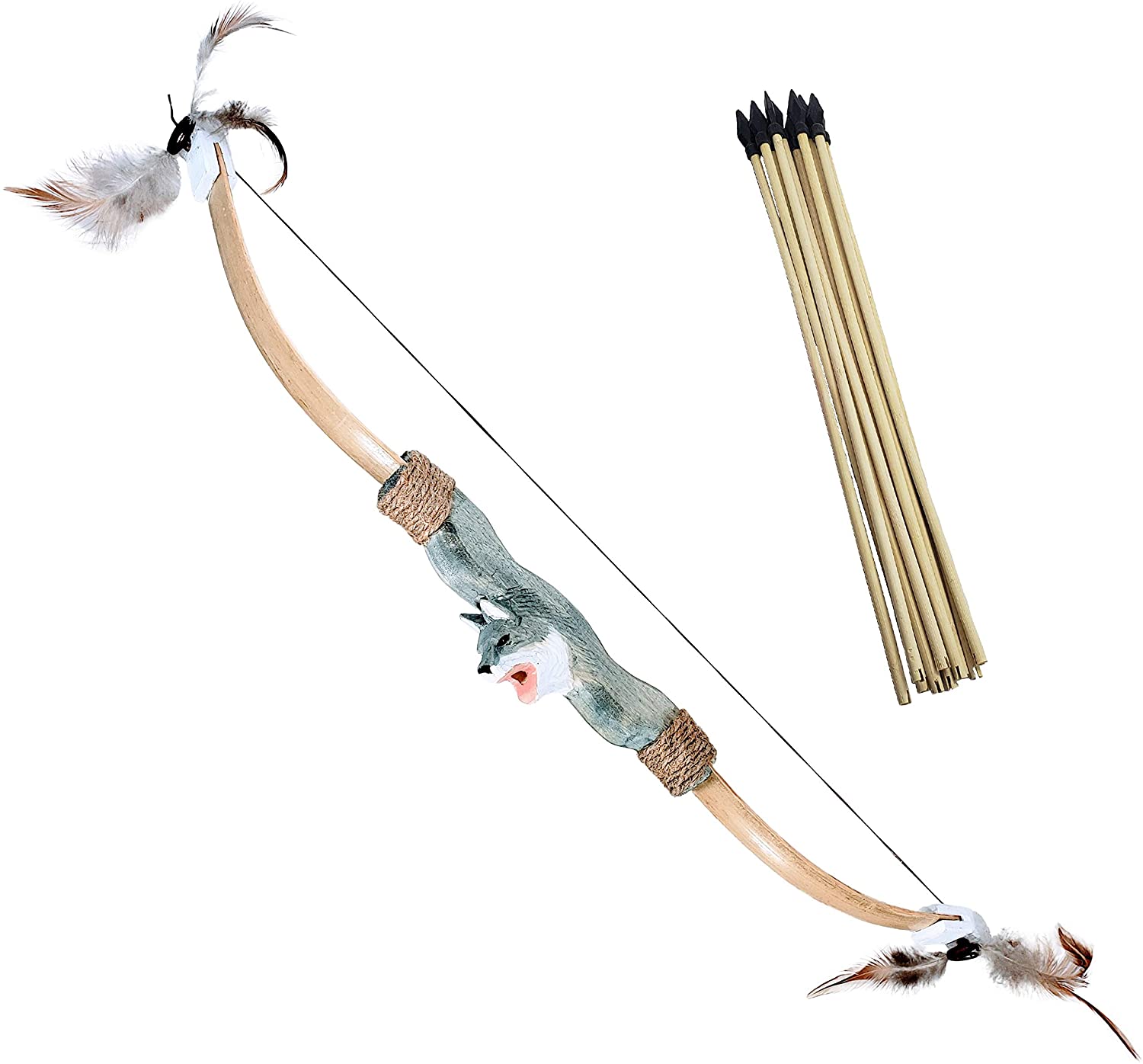 Handcarved Animal Wooden Bow and Arrow Set - 10 Wood Arrows